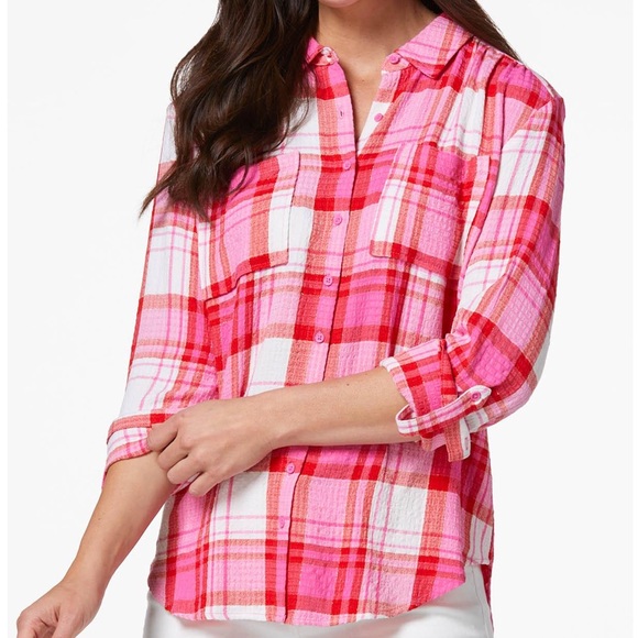 Cato Button Up Pink Shimmer Double Pocket Roll Tab Long Sleeve Shirt Plus 24W - Picture 3 of 15